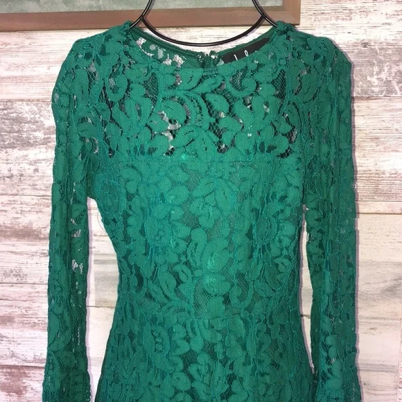 Lulus Enrapturing Elegance Green Lace Long Sleeve Midi Dress size small bridal​​
